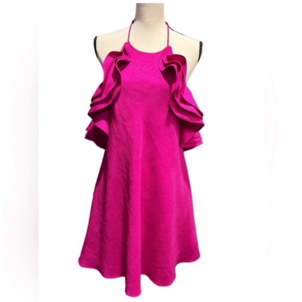 Badgley Mischka Magenta Ruffle Halter Dress